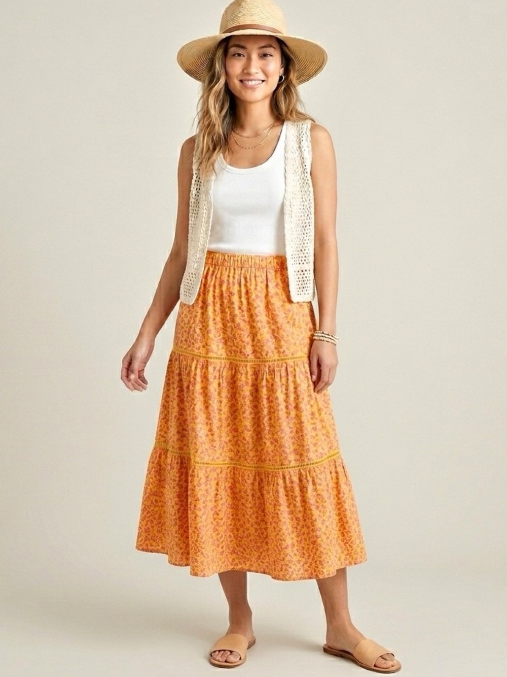 J. Crew Tiered Pull-On A-Line Midi Skirt Tossed Bouquet Saffron Briar Size M